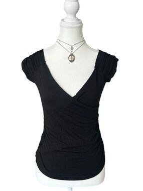 Y2K “Elan” Black Wrap Style V-Neck Short Sleeve Top